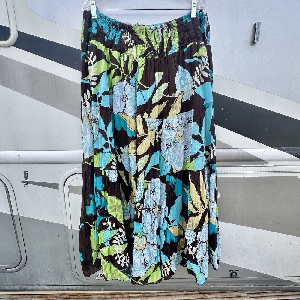 Flowy Bohemian Tiered Maxi Skirt Size M Sequins Green Blue Floral Cottagecore